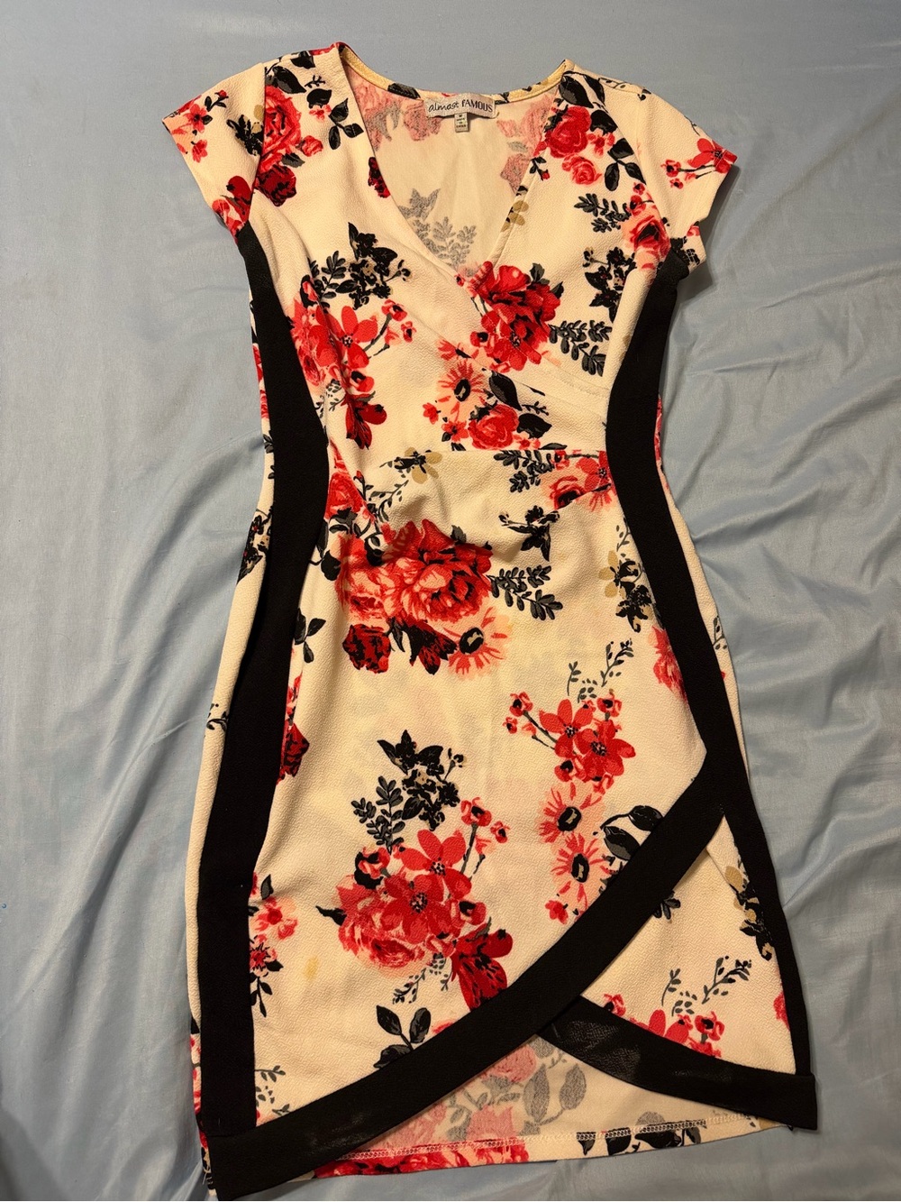 Almost Famous Cream Floral Mini Dress with Red and Black Accents